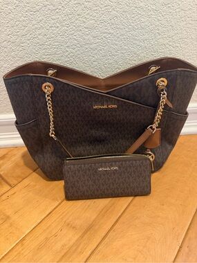 Michael Kors Dark Brown MK Logo Tote with Matching Wallet